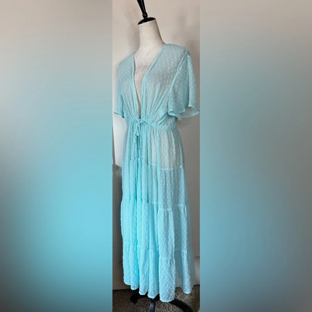 Torrid Baby Blue Robe Retro Polka Dot Lounge Feminine Romantic Chiffon Wedding - Picture 12 of 15